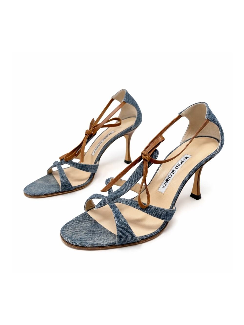 Manolo Blahnik Denim Strappy Sandals Heels Womens Size EU 38.5